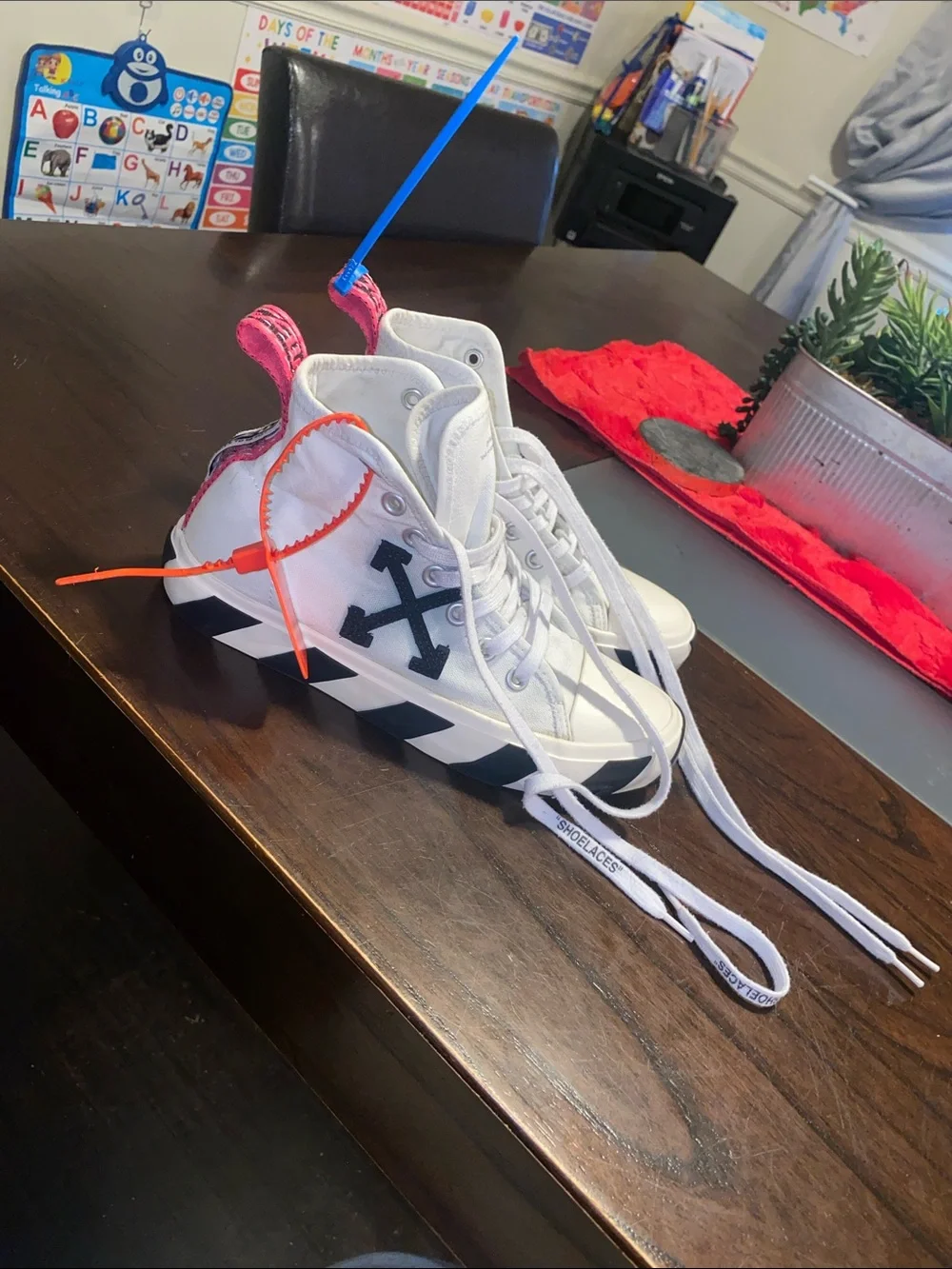 Off-White White and Black Canvas High-Top Sneakers with Orange Tag